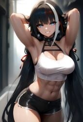 abs ai_generated armpit_hair armpits athletic_female azur_lane blue_eyes breasts choker deutschland_(azur_lane) female long_hair medium_breasts multicolored_hair short_shorts smile street tank_top