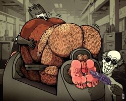 bear body_hair body_horror bubble_butt creepy feathers foot_fetish gay hairy halloween indoors kinktober large_ass mad_scientist male male_feet male_foot_fetish male_tickling nude precum precum_drip purple_feather redfortbear restrained rimming stitches tickling weird