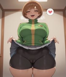 ai_generated bare_thighs bike_shorts blush breasts brown_eyes brown_hair female gigantic_breasts heart-shaped_pupils huge_breasts huge_thighs light-skinned_female light_skin looking_at_viewer massive_breasts persona persona_4 puffy_pussy pussy_visible_through_clothes satonaka_chie short_hair skirt_lift smiling smogai solo_female squatting sweat sweatdrop thick_body thick_female thick_thighs thighs thighs_bigger_than_head track_jacket track_suit voluptuous voluptuous_female