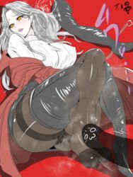 blush boots breasts carmilla_(fate) erect_nipples fate/grand_order fate_(series) feet female footjob footjob_with_legwear large_breasts legs_crossed long_boots long_hair looking_away panties pantyhose pantyshot parted_lips pov shoes_removed silver_hair steam underwear yellow_eyes