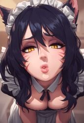 ahri ai_generated cleavage dm4freeairequests imminent_kiss kissing large_breasts league_of_legends leaning_forward lips maid maid_headdress pov
