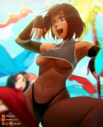 2girls asami_sato avatar_the_last_airbender blue_eyes canon_couple clothed clothing dark-skinned_female dark_skin female freckles kittypuddin korra medium_breasts multiple_girls nickelodeon open_mouth outdoors panties short_hair sillygirl sinner smile smooth_skin the_legend_of_korra underboob