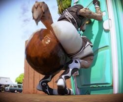 2025 3d_(artwork) anthro ass bathroom black_clothing black_gloves black_handwear black_topwear bodily_fluids bottomwear brown_body brown_fur butt_focus canid canine canis clothed clothing digital_media_(artwork) epic_games feces fortnite fur gloves grey_bottomwear grey_clothing handwear hi_res hyper_feces hyper_scat legwear looking_pleasured male mammal maximumuwu public_restroom restroom_stall scat shorts smile soiling soiling_pants solo tail tongue tongue_out topwear wendell_(fortnite)