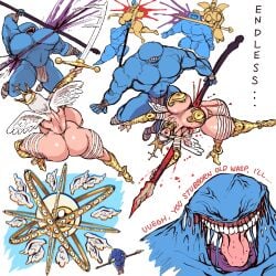 1boy 1girls alien angel angel_girl battle biblically_accurate_angel bikini_armor fight huge_ass huge_breasts impalement lewdbeef male mixed-sex_combat muscular_male revealing_clothes simple_background spear stabbed sword thick_thighs white_background