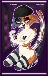 black_eyelashes cat_ears cat_pose cat_tail claws eutnsix fortnite kneeling meow_skulls_(fortnite) multicolored_fur nude nude_female open_mouth pussy socks solo_female srnolimits taped_nipples