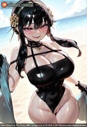 ai_generated asmutcriminal bangs beach black_gloves black_hair black_swimsuit blue_sky blush breasts choker cleavage clothes_pull cloud cloudy_sky day earrings eyebrows_visible_through_hair fangs female flower gloves hair_between_eyes hair_flower hair_ornament hairband half-closed_eyes horizon jewelry long_hair looking_at_viewer ocean one-piece_swimsuit open_mouth outdoors poolside red_eyes sand shore skindentation sky smile solo swimsuit tagme teeth thighs tongue water waves wet