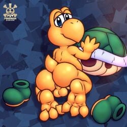1boy 3_toes absurd_res ass balls barefoot bent_over blue_eyes boots claws clothing curling_toes discarded_footwear feet footwear genitals hi_res koopa koopa_troopa looking_at_viewer looking_back male male_only mario_(series) nintendo perineum reptile scalie shell shoes smile soles tail toe_claws toes turtle yellow_body