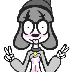 anthro belly_blush blush body_blush breast_blush canid canine canis clothed clothing clothing_lift domestic_dog double embarrassed female fifi_(somemf) floppy_ears gesture grey_hair hair hat headgear headwear jewelry mammal necklace nerves nipples sign solo sticking thin_body tongue tongue_out