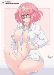 big_breasts breasts breasts_bigger_than_head chrissursilversoul coat coat_only glasses legs_crossed nipple_bulge nipple_slip no_bra no_panties pyra red_eyes red_hair wide_hips xenoblade xenoblade_chronicles_2