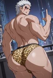 aesaio ai_generated angry angry_face ass_focus bara big_ass bubble_butt grabbing_ass grabbing_own_ass huge_ass leopard_print male male_only mullet pointing scar scar_on_face takemaru_yakushiji the_hundred_line_-last_defense_academy- thong white_hair yaoi