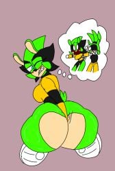 afrosoricid angry angry_face bad_art bittersweetmayhem blush blush_lines blushing_female bottom_heavy bottomless_female butt_digging digging_up_in_they_ass green_fur huge_ass jolt_(bittersweetmayhem) jolt_the_tenrec original_character quills round_ass round_butt shark_teeth sharp_teeth small_tail sonic_(series) sonic_oc sonic_the_hedgehog_(series) spiky_teeth squint surge_the_tenrec sweat tenrec wedgie