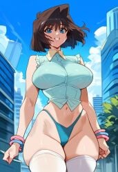 1girls 2d ai_generated anzu_mazaki big_breasts bracelet brown_hair city female female_focus female_only mazaki_anzu narrow_waist shirt sleeveless_shirt solo solo_female solo_focus tagme tea_gardner thighhighs yu-gi-oh!