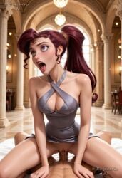 1boy ahe_gao ai_generated artist_name bare_shoulders blurry blurry_background breasts brown_hair cleavage clothed_female_nude_male clothed_sex collarbone cowgirl_position cowgirl_position criss-cross_halter disney disney_princess dress eugenericai female freckles greek_mythology grey_dress halter_dress halterneck hercules_(disney) indoors long_hair makeup medium_breasts megara mole mole_under_mouth no_panties nude open_mouth penis ponytail pov purple_eyes purple_hair pussy saliva sex solo_focus spread_legs straddling straight teeth tongue tongue_out uncensored vaginal_penetration watermark web_address