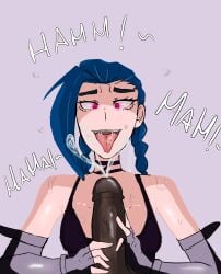 arcane arcane_jinx azazelinp black_penis blue_hair cum_in_mouth cum_on_face cumshot dark-skinned_male glowing_eyes interracial jinx_(league_of_legends) long_hair messy pink_eyes sultry_eyes tongue_out twintails yandere