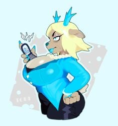 1girls animal_ears animal_tail anthro big_breasts black_pants blonde_hair blue_eyes blue_lips blue_lipstick blue_nail_polish blue_nails blue_shirt bottomwear breasts bursting_breasts carol_holiday cleavage clothing deer deer_ears deer_girl deer_tail deltarune female female_only flip_phone hair half-closed_eyes hand_on_hip holding_object holding_phone horns huge_breasts lips lipstick mature mature_female mature_woman milf mother nail_polish nails necklace neckwear pants pearl_necklace phone shirt solo solo_female theonehornedimp topwear undertale_(series)