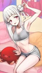 arashi_chisato armpits bare_arms bare_belly bare_legs bare_shoulders bare_thighs belly_button blush breasts buruma cleavage collarbone grey_sports_bra hair_bun hair_half_undone hand_in_own_hair indoors kt68339720 long_hair love_live! love_live!_superstar!! red_eyes sitting small_breasts sports_bra thighs tongue tongue_out underwear white_hair