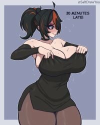 absurdres ahoge artist_name bare_shoulders black_choker black_dress black_hair black_sleeves blush breasts choker cleavage closed_mouth clothes_lift collarbone commentary curvy detached_sleeves dress dress_lift english_commentary english_text eyelashes female highres huge_breasts lifting_own_clothes looking_down multicolored_hair narrow_waist pantyhose ponytail red_eyes red_hair red_streaks saltdrawyou side_slit simple_background solo streaked_hair sweat thick_thighs thighs tight_clothes two-tone_hair wide_hips zenless_zone_zero zhu_yuan