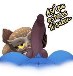 absurd_res anthro ass athene_(genus) avian balls beak beak_fetish betta_the_burrowing_owl_(blu_waifu) big_balls big_butt big_penis bird blu_(rio) blue_body blue_sky_studios burrowing_owl duo feathers fellatio fellatio_while_masturbating female first_person_view genitals handjob hi_res hidden_face huge_cock looking_at_another macaw male male/female neotropical_parrot oral owl parrot penile penis rio_(series) sex spanish_text spix's_macaw tail tail_feathers text thelordjoshua1 tongue true_owl true_parrot vein veiny_penis yellow_eyes