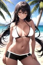 1girl ai-created ai_generated bangs bare_arms bare_shoulders beach bikini black_hair black_shorts blue_sky blush breasts breasts_apart brown_eyes clavicle cleavage closed_mouth clothing cloud crossed_bangs dark_skin day female female_only hair_between_eyes halterneck hand_on_own_thigh hand_on_thigh high_resolution horizon large_breasts long_hair looking_at_viewer medium_breasts midriff navel ocean original outdoors palm_tree portrait rena_aikawa_(pixiv_user) sand short_shorts shorts sidelocks skindentation sky smile solo standing stomach sunlight swimsuit tagme thigh_gap thighs tree very_long_hair water white_bikini white_swimsuit yellow_eyes