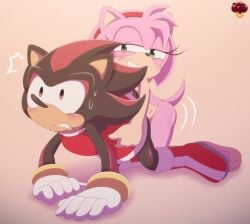 3_toes accessory amy_rose anthro bent_over black_body blush bodily_fluids boots bracelet clothed clothed_male clothing cosplay crossdressing dress duo eulipotyphlan feet female footwear gloves gold_(metal) gold_bracelet gold_jewelry green_eyes grin hair_accessory hairband handwear hedgehog hi_res humping jewelry ladycherrybomba male male/female mammal nervous nervous_sweat nude nude_female pink_body red_eyes red_stripes sega shadow_the_hedgehog shocked shoes smile sonic_the_hedgehog_(series) squinted_eyes stripes sweat tail tan_body tan_skin toes