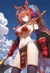 ai_generated animal_ears bikini_armor breasts cosplay daiwa_scarlet_(umamusume) female hips horse_girl looking_down pussy red_eyes ribbon_in_hair tiara twintails umamusume umamusume_pretty_derby