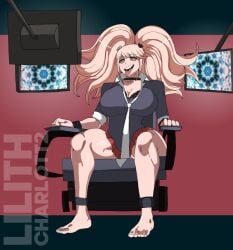 barefoot big_breasts blonde_hair blue_eyes breasts cleavage clothed clothing dangan_ronpa danganronpa danganronpa:_trigger_happy_havoc danganronpa_1 feet female female_only femsub forced forced_to_watch happy_trance high_heels hypnosis hypnotic_eyes hypnotic_screen junko_enoshima large_breasts light-skinned_female light_skin lilithcharlott2 long_hair looking_at_monitor looking_at_television open_mouth restrained shoes_removed sitting skirt solo spiral_eyes tongue tongue_out twintails watermark