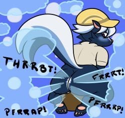 absurd_res ambiguous_gender animal_crossing anthro ass big_butt blue_body blue_fart_cloud blue_fur blush clothing derpaggedon duo facesitting fart fart_cloud fart_fetish farting_on_another farting_on_face flat_cap fur hat headgear headwear hi_res human kicks_(animal_crossing) male male/ambiguous mammal mephitid nintendo onomatopoeia pawpads paws pink_nose pink_pawpads purple_eyes raised_tail simple_background sitting_on_another skunk sound_effects striped_skunk stripes tail tan_clothing text unusual_fart villager_(animal_crossing)