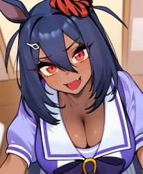 ai_generated animal_ears big_breasts breasts cleavage dark-skinned_female dark_skin female hairband hairpin hishi_amazon_(umamusume) looking_at_viewer orange_eyes tracen_school_uniform umamusume umamusume_pretty_derby