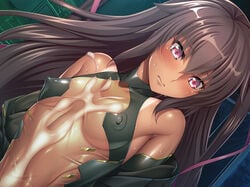 aoi_nagisa_(metalder) blush breasts brown_hair cum curvy dark_skin female female gloves grabbing hair_ribbon highleg highleg_leotard hips leotard lilith-soft long_hair looking_back masturbation mizuki_yukikaze nipples nude paizuri pink_eyes puffy_nipples ribbon shiny shiny_skin small_breasts straight sweat taimanin_(series) taimanin_asagi_battle_arena taimanin_yukikaze tan tanline thick_thighs thighhighs thighs thong_leotard twintails upper_body very_long_hair