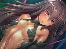 1girls aoi_nagisa_(metalder) blush breasts brown_hair curvy dark_skin female gloves hair_ribbon highleg highleg_leotard hips leotard lilith-soft long_hair looking_at_viewer mizuki_yukikaze nipples open_mouth pink_eyes puffy_nipples ribbon shiny shiny_skin small_breasts sweat taimanin_(series) taimanin_asagi_battle_arena taimanin_yukikaze tan tanline thick_thighs thighhighs thighs thong_leotard twintails upper_body very_long_hair