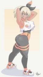 bea_(pokemon) black_legwear bubble_butt chrissursilversoul crop_top dark-skinned_female dark_skin female gym_uniform hands_on_head looking_back nintendo pokemon thick_ass tight_clothing white_eyes white_hair