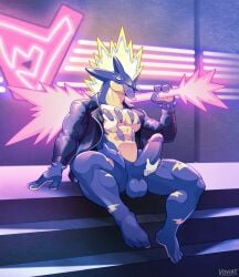2025 abs balls clothed clothing disembodied_hand erection generation_8_pokemon genitals handjob hi_res jacket leather leather_clothing leather_jacket leather_topwear male muscular muscular_male nintendo partially_clothed pecs penile penis pokemon pokemon_(species) purple_body sex solo tongue tongue_out topwear toxtricity voviat