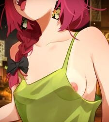 bocchi_the_rock! female hiroi_kikuri khyleri nipple_piercing nipple_slip nipples outdoors piercing red_hair see-through see-through_clothing tongue_out younger_female