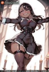 ai_generated aircraft airplane asmutcriminal black_hair blurry blurry_background blurry_foreground blush bow bowtie breasts brown_eyes candle classroom dark-skinned_female dark_skin depth_of_field earclip earrings eyebrows_visible_through_hair female garter_straps hair_ornament hairclip half-closed_eyes indoors jewelry knife large_breasts long_hair long_sleeves looking_at_viewer medium_breasts money motion_blur nagatoro_hayase open_mouth outstretched_arms school_uniform skindentation skirt smile solo sweat tagme tan thighhighs window