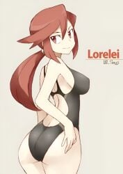 armpit_crease ass back_cutout bare_arms bare_shoulders big_breasts black_one-piece_swimsuit breasts closed_mouth competition_swimsuit long_hair lorelei_(pokemon) mature_female one-piece_swimsuit pokemon red_eyes red_hair shigino_sohuzi smile swimsuit