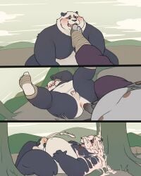 anal anal_sex anthro anthro_only balls belly big_belly black_fur black_nose blush blush blush_lines brown_eyes cum cum_on_arm cum_on_arms cum_on_body cum_on_face cum_on_upper_body cumming dreamworks dreamworks_animation facial_tuft feet feet_up foreskin fur furry genitals kung_fu_panda leopard licking licking_feet licking_foot male male_focus male_only master_po_ping nipples open_mouth open_mouth panda pecs pectorals penis qqmelon888 tai_lung_(kung_fu_panda) testicles tongue tongue_out white_fur