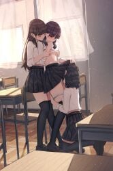 3girls absurdres benevole black_hair black_skirt black_thighhighs blush breasts brown_hair classroom closed_eyes clothes_lift commentary_request cunnilingus curtains day desk fff_threesome grabbing_another's_breast groping group_sex head_under_skirt highres indoors kneeling long_hair medium_hair multiple_girls navel nipples oral original panties panty_pull parted_lips pleated_skirt purple_eyes pussy_juice school_desk school_uniform shirt shirt_lift skirt small_breasts smile thighhighs threesome underwear white_shirt window yuri