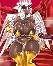 angel angel_humanoid big_breasts big_penis bikini bitterbunz blush bodily_fluids breasts condom dark_body dark_skin dark_skinned_female demon demon_humanoid demon_on_angel erection faceless_character faceless_male feathers female freckles genital_fluids genitals group hair halo hazbin_hotel hi_res humanoid humanoid_on_humanoid interspecies male male/female male_on_humanoid mature_female nude open_mouth partially_clothed penile penis precum red_body sera_(hazbin_hotel) seraph_(angel) sex teeth vein veiny_penis white_body white_eyes white_feathers white_hair wings