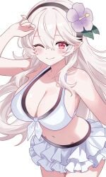 1girls bikini black_hairband blush breasts cleavage corrin_(female)_(fire_emblem) corrin_(female)_(novice_vacationer)_(fire_emblem) corrin_(female)_(summer)_(fire_emblem) corrin_(fire_emblem) corrin_(fire_emblem)_(female) female female_focus female_only fire_emblem fire_emblem_fates fire_emblem_heroes flower frilled_skirt front-tie_bikini grey_hair hair_between_eyes hair_flower hair_ornament hairband large_breasts long_hair looking_at_viewer midriff n_54 official_alternate_costume pointy_ears red_eyes smile solo swimsuit thighs white_bikini white_hair