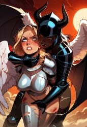 2girls ai_generated angel angel_wings armor charv demon demon_girl demon_wings female fingering fingering_from_behind helmet interracial lesbian_domination yuri
