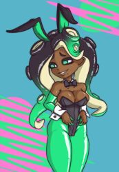 beauty_mark big_breasts black_eyebrows black_leotard blue_background bowtie bowtie_collar bunny_ears bunnysuit cameltoe cleavage colored_fingers cropped cropped_legs dark-skinned_female dark_skin easter_bunny female glistening glistening_body gummidx huge_breasts inkling inkling_girl large_breasts leotard long_hair long_sleeves looking_away marina_(splatoon) nintendo pointy_ears shaded simple_background smile splatoon splatoon_2 tagme teal_eyes teal_legwear tentacle_hair