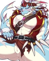 animal_genitalia anthro aokumaneko1 ass belt black_sclera blue_body blush bottomless cloaca clothed clothing dragon embarrassed genital_slit genitals hair horn hydoor jewelry lifewonders live_a_hero male mythological_creature mythological_scalie mythology necklace nipples pecs red_eyes scalie scar solo spread_legs spreading tattoo topwear vest white_hair