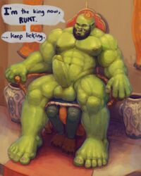 2018 3_toes 5_fingers 5_toes abs anal anthro areola bald balls beard biceps big_feet chair claws clenched_teeth clothing crown dialogue domination dragon duo english_text eyebrows facesitting facial_hair facial_piercing fangs front_view gay green_balls green_nipples green_skin hi_res humanoid humanoid_hands king larger_male looking_down male male/male male_domination male_only muscular muscular_male navel nipples nommz nose_piercing nude obliques on_top oral orc orc_male pecs piercing rimming royalty sex sitting size_difference smaller_male spread_legs spreading teeth text thick_thighs throne toe_claws toes triceps vase yaoi yellow_eyes