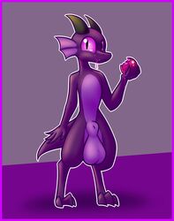 2018 animal_genitalia anthro balls big_balls bite_mark drooling feet fin food fruit fruit_juice fully_sheathed horn kobold lizard male plums plūm_rhazin purple_eyes purple_scales reptile saliva scales scalie sheath sketchy-replies slit_pupils solo standing