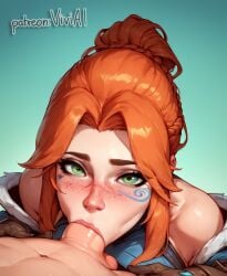 1boy 1girls ai_generated blizzard_entertainment blowjob blush fellatio freckles freckles_on_face freja_(overwatch) green_eyes oral oral_sex orange_hair overwatch overwatch_2 sucking sucking_penis tagme testicles tied_hair viviai