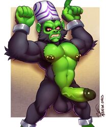 anthro big_balls black_fur bondage boner cartoon_network cheek_tuft elbow_tufts erection fluffy green_fur green_skin male male_only marlon.cores metal_cuffs mojo_jojo monkey muscular nipple_piercing penis powerpuff_girls primate purple_fur red_eyes teeth two_tone_fur veiny_penis