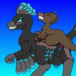 angry black_body black_feather_hair black_feathers blue_background blue_claws blue_nipples blue_teats blue_tits blue_vulva blush brown_body brown_feathers claws closed_eyes crotch_breasts digital_media_(artwork) dinosaur dromaeosaurid duo erik_(therealmessyroomguy1) feathers female feral genitals gradient_background grey_body grey_feather_hair grey_feathers grin interspecies lumina_(therealmessyroomguy1) male male/female nipples penetration penis pink_penis pixel_(artwork) prehistoric_species reptile saurischian saurornithoides scalie sickle_claw simple_background size_difference sizedifference smile teats therealmessyroomguy1 theropod toe_claws vaginal_penetration vulva