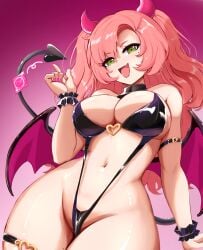 absurdres black_slingshot_swimsuit breasts condom condom_wrapper cowboy_shot demon_horns demon_tail demon_wings fake_horns fake_tail fangs female green_eyes highres horns large_breasts long_hair mole mole_under_eye navel nicole_demara open_mouth pink_background pink_hair pink_nails skin_fang slash-ex slingshot_swimsuit solo stomach swimsuit tail thighs wings zenless_zone_zero