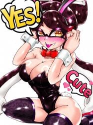 +_+ 1girls bare_shoulders black_thighhighs blush breasts bunny_ears bunny_girl bunny_tail bunnysuit callie_(splatoon) cleavage english_text heart highres inkling inkling_girl large_breasts leotard mazuo917 mole mole_under_eye nintendo playboy_bunny pointy_ears sitting sleeveless splatoon tentacle_hair thighhighs twintails white_background yellow_eyes