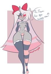 angel blush breasts clothed clothing cute dialogue fallen_angel female female_only grey_body hair hazbin_hotel hellaverse panties partially_clothed smile speech_bubble starlightpearl thick_thighs vaggie_(hazbin_hotel) zexal-bunny20